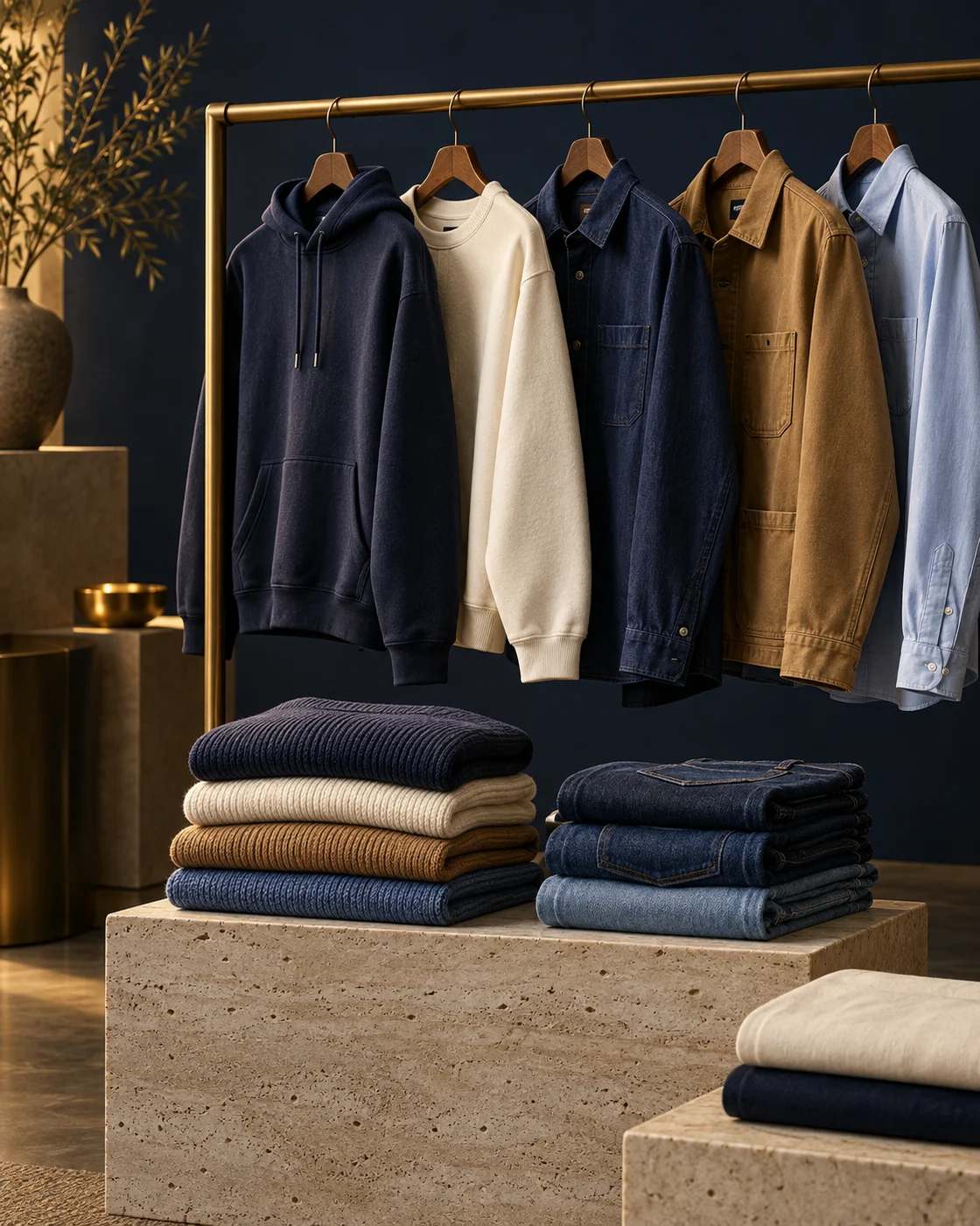 Clothing campaign featuring hoodies, shirts, a workwear jacket, folded knitwear and denim