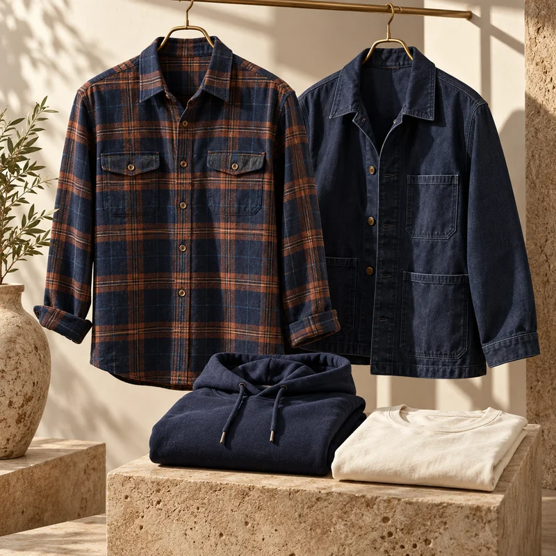 Men’s clothing campaign with a plaid flannel shirt, workwear jacket, hoodie and cotton T-shirt